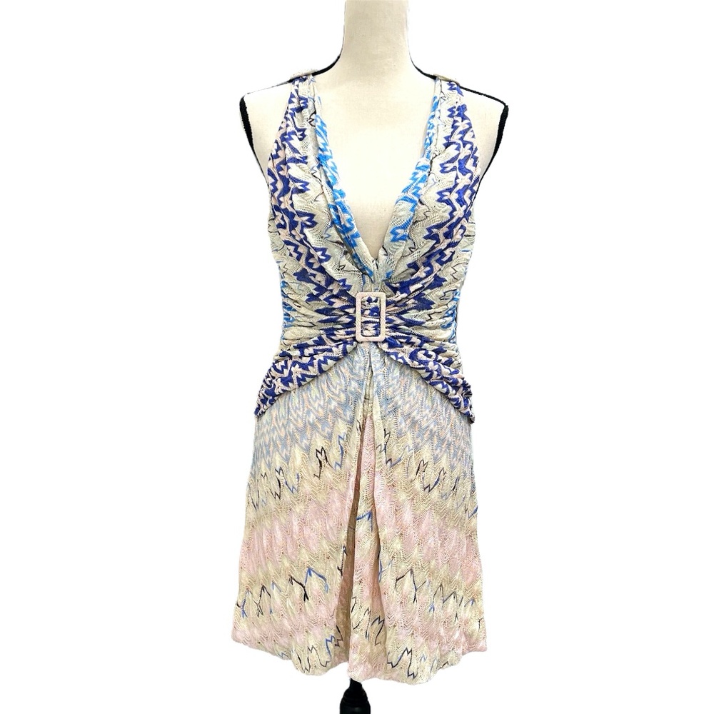 MISSONI ORANGE LABEL BEIGE, PURPLE, BLUE & PINK DEEP V NECK DRESS W FAUX BUCKLES